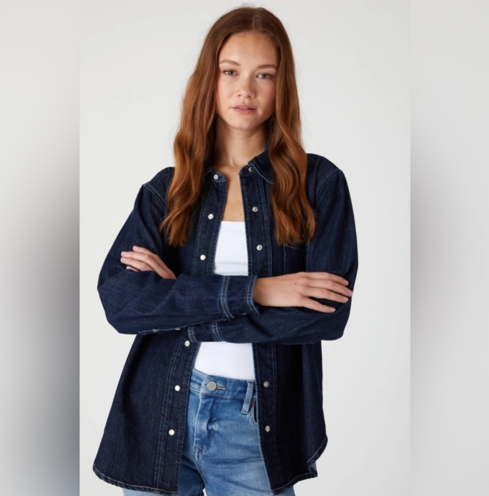 Blank NYC Shot Caller NWT Pearl Snap Dark Wash LS Denim Shirt Womens Size S - Picture 13 of 15